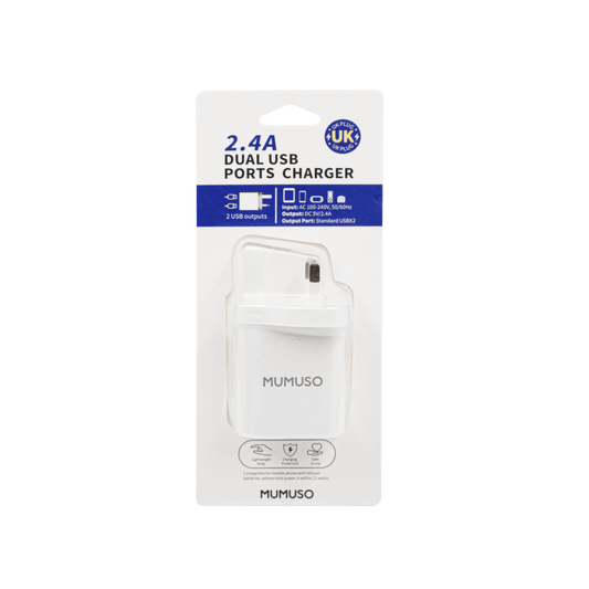 شاحن بمنفذ USB بقوة 2.4 أمبير (قابس بريطاني/أبيض) - Mumuso