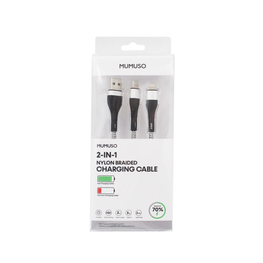 كابل شحن مجدول من النايلون 2 في 1 (USB-A إلى Lightning + النوع C)