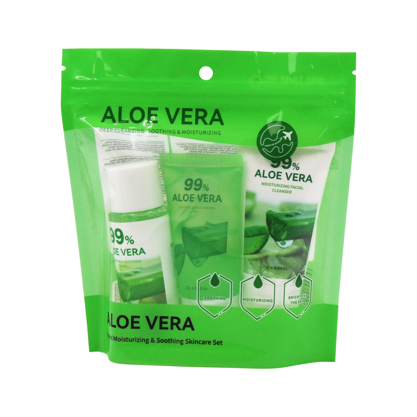 مجموعة العناية بالبشرة المرطبة والمهدئة أثناء السفر (الصبار)